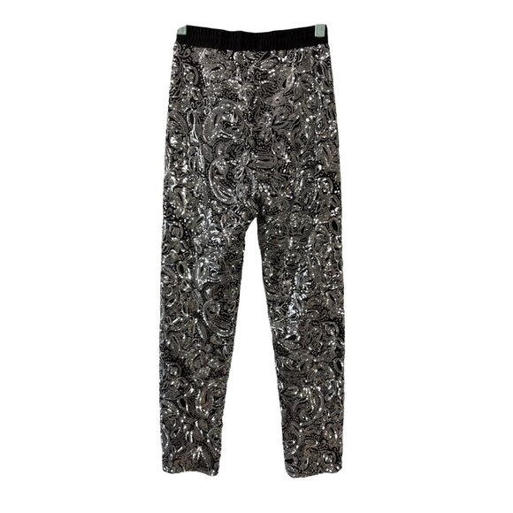 Porridge Black Silver Sequin Paisley Pattern Elastic Waist Skinny Pants XS - Picture 4 of 9